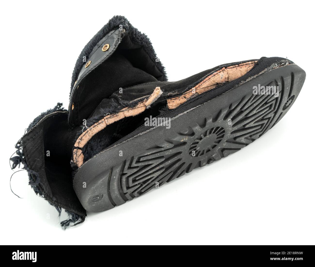 Ruined black shoe chewed by a dog Stock Photo