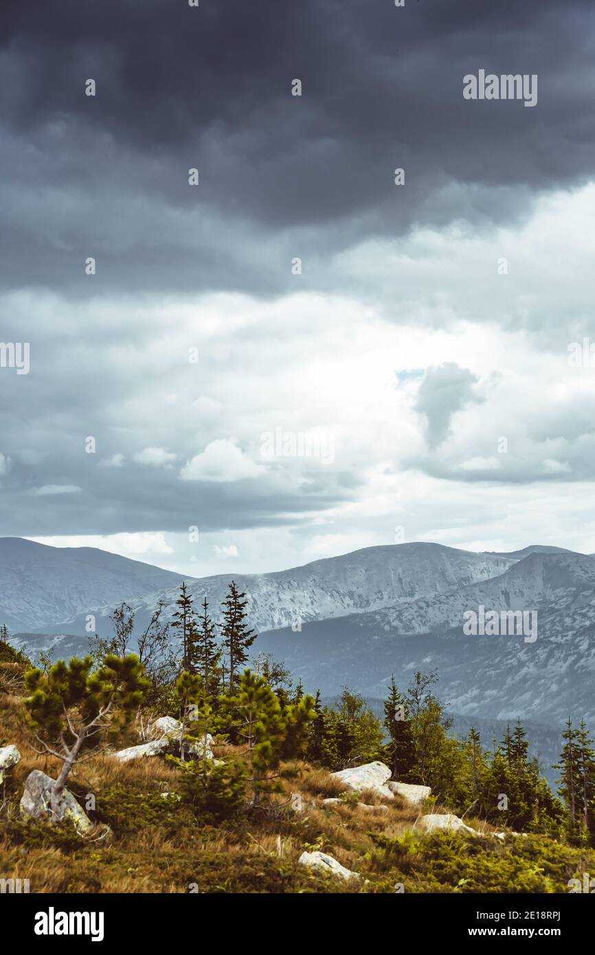 Scenic view of misty mountain valley. Gentle hills under overcast clouds. Stock Photo