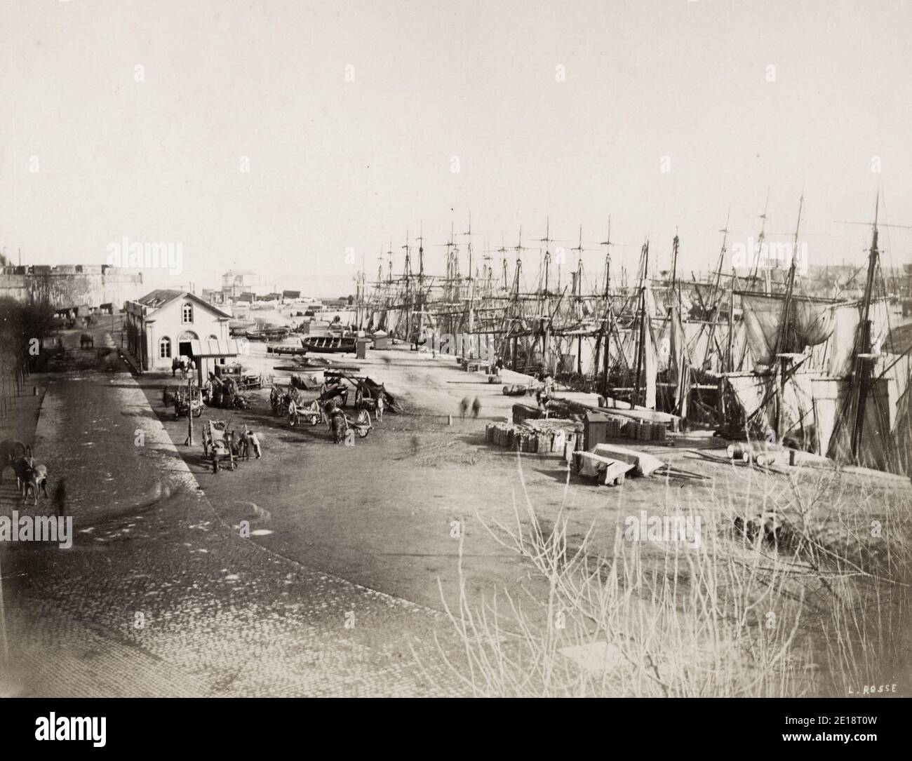 Vintage 19th century photograph - early photograph of boats tied up in the harbour of St. Malo, France Stock Photo