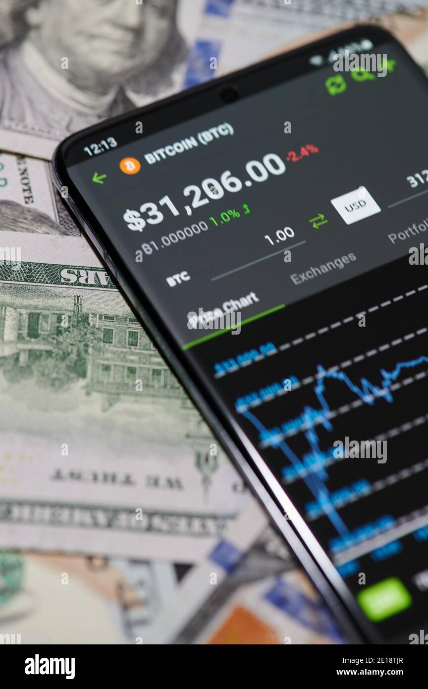 New york, USA - January 5, 2021: Bitcoin price chart on  smartphone screen close up view Stock Photo