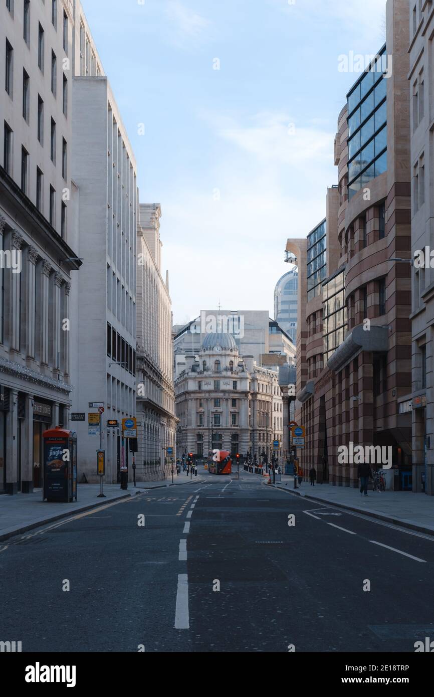 London, UK - December 2020 :   The City of London with quiet streets during Tier 4 lockdown Stock Photo