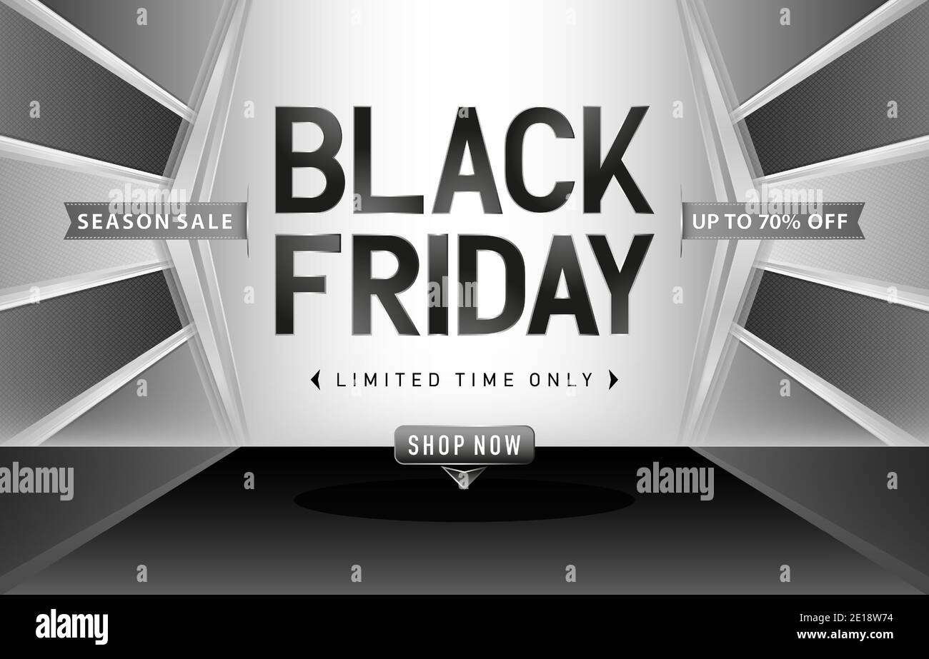 Black Friday monochrome background, Label Season Sale on abstract black and white background with ribbon silver color. Black Friday signs Stock Vector