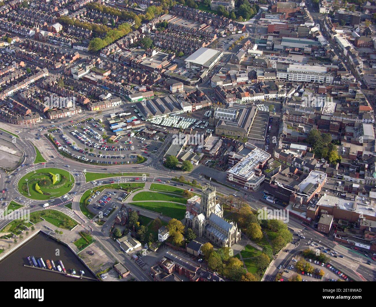 aerial view of Doncaster town centre with The Minster Church of St George and Church Way Car Park Stock Photo