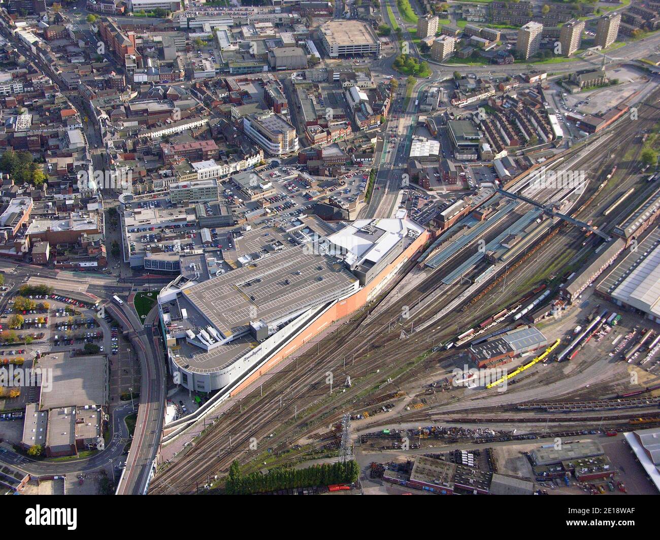 aerial view of Doncaster town centre, including Frenchgate Shopping Centre and the Railway Station, Doncaster, South Yorkshire Stock Photo