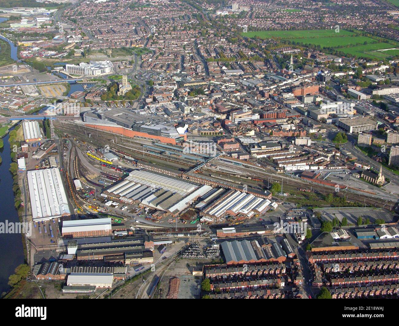 aerial view of Doncaster town centre with industry on the Hexthorpe Road prominent in the foreground and the Railway Station behind Stock Photo