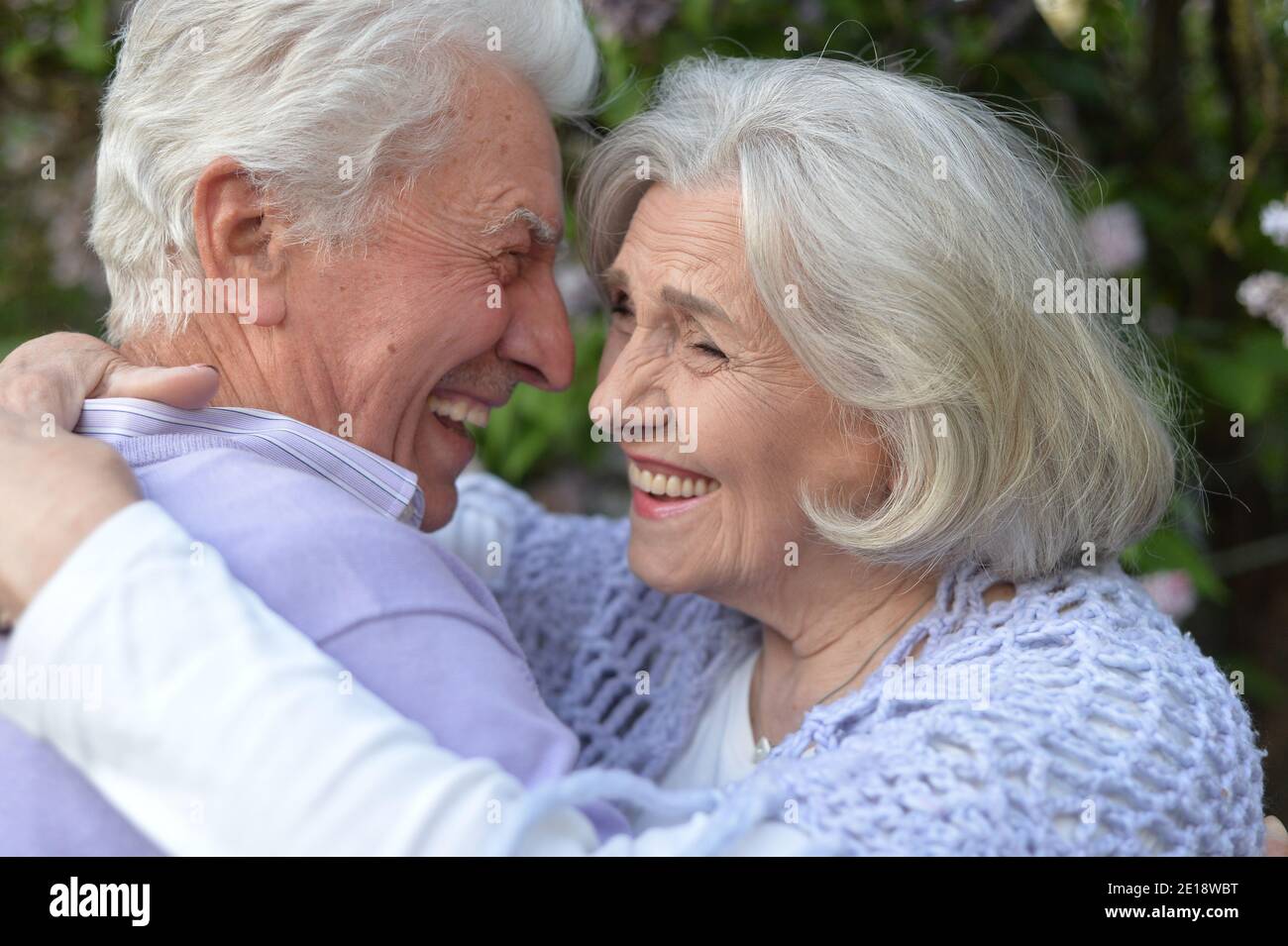 Beautiful senior couple hugging by lilacs in the park Stock Photo - Alamy