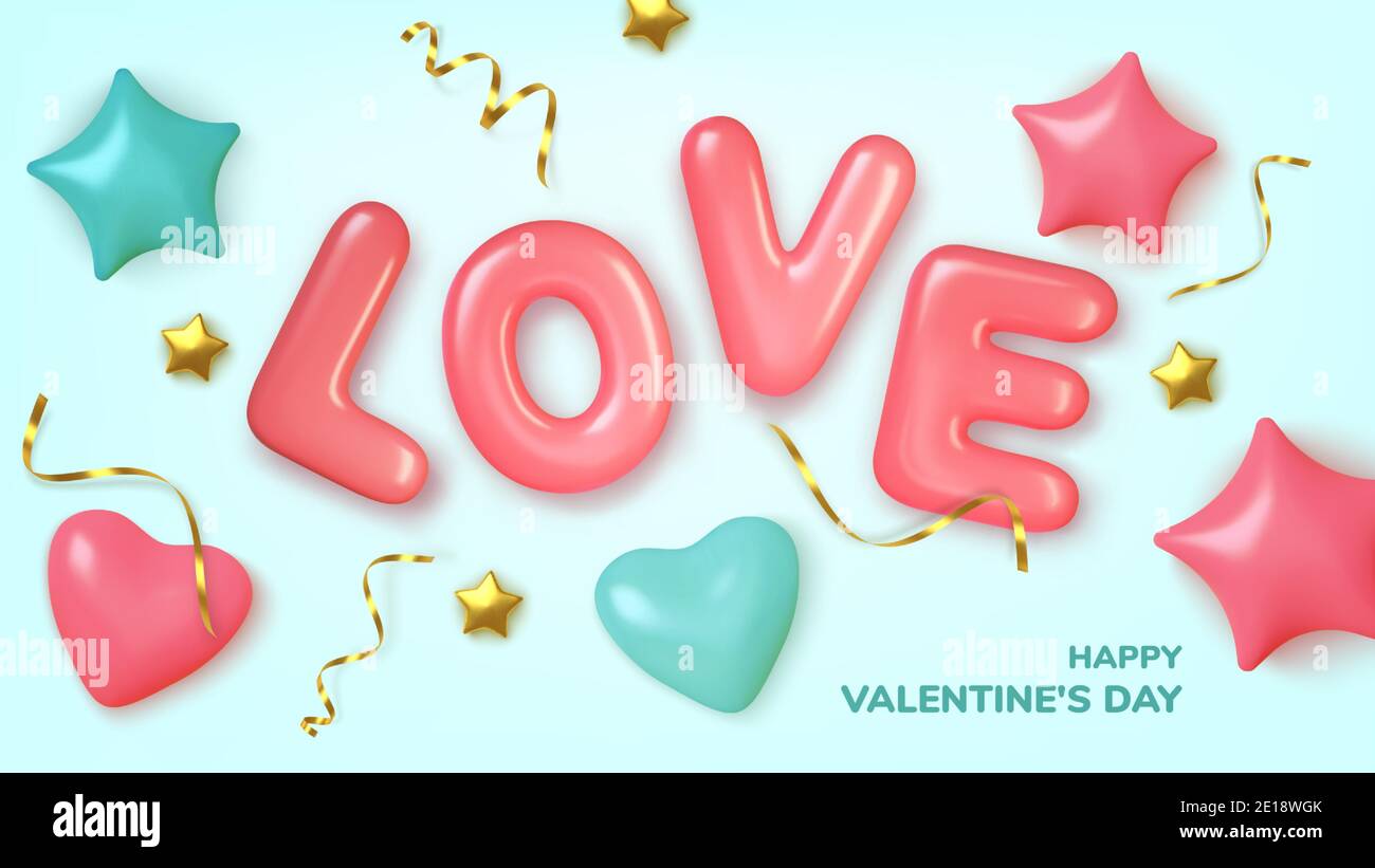 Valentines Day greeting card. Realistic 3d pink hearts in tinsel and ...