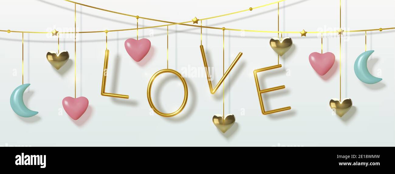 Valentines Day greeting card. Realistic 3d red and gold hearts, blue months, hanging on thread. Gold metalic text. Template for products, web banners Stock Vector