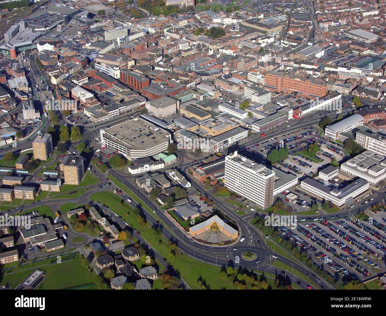 Aerial view, taken in 2006 of Doncaster town centre, with The Beechfield Centre & Council House Car Park in the foreground, South Yorkshire Stock Photo