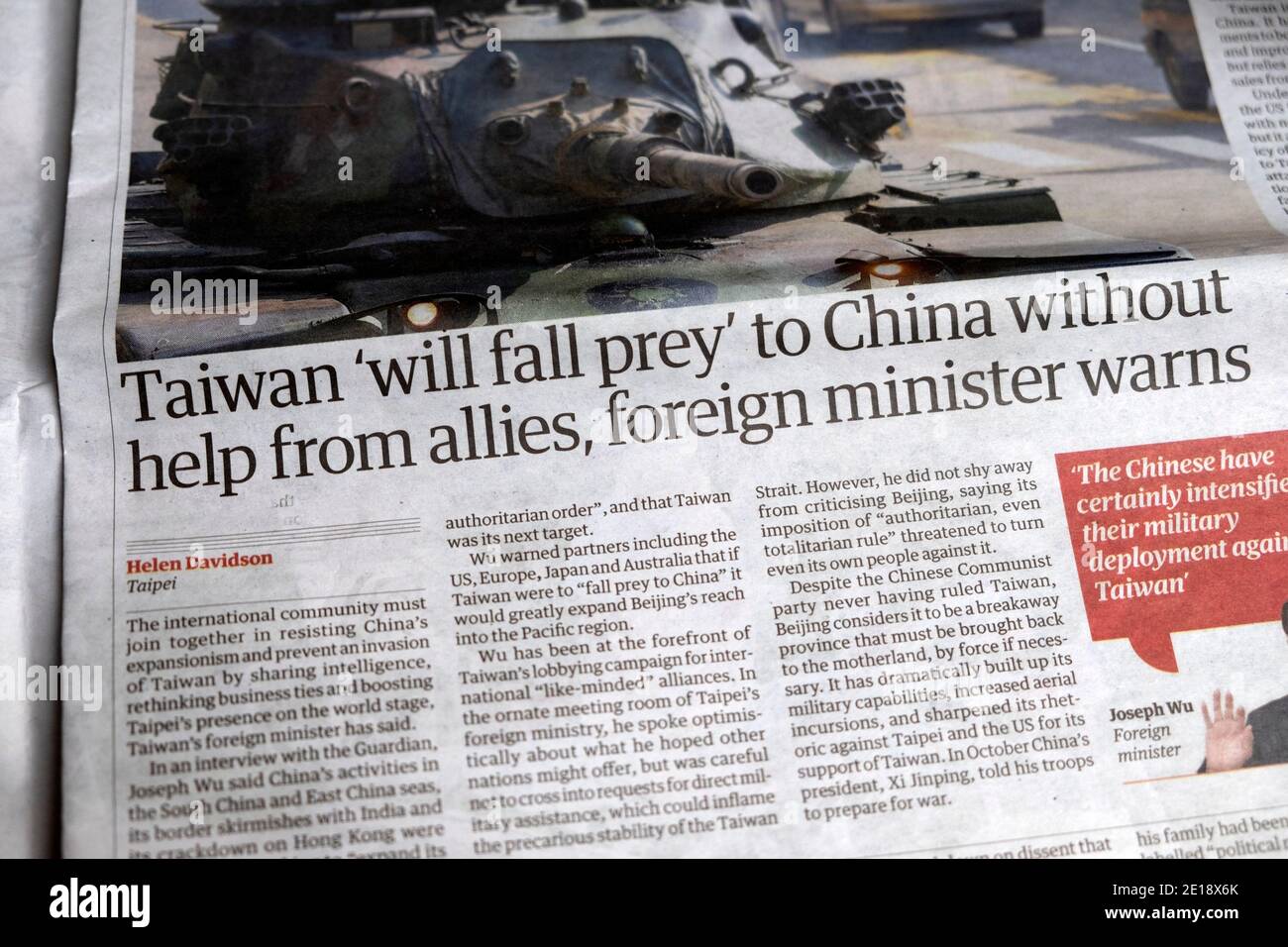 'Taiwan 'will fall prey' to China without help from allies, foreign minister warns' Guardian newspaper headline article 8 December 2020 London UK Stock Photo