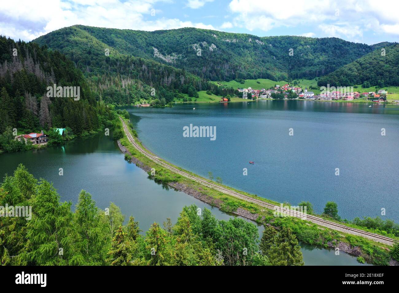 Aerial view of the Palcmanska masa water reservoir in the village of Dedinky in Slovakia Stock Photo