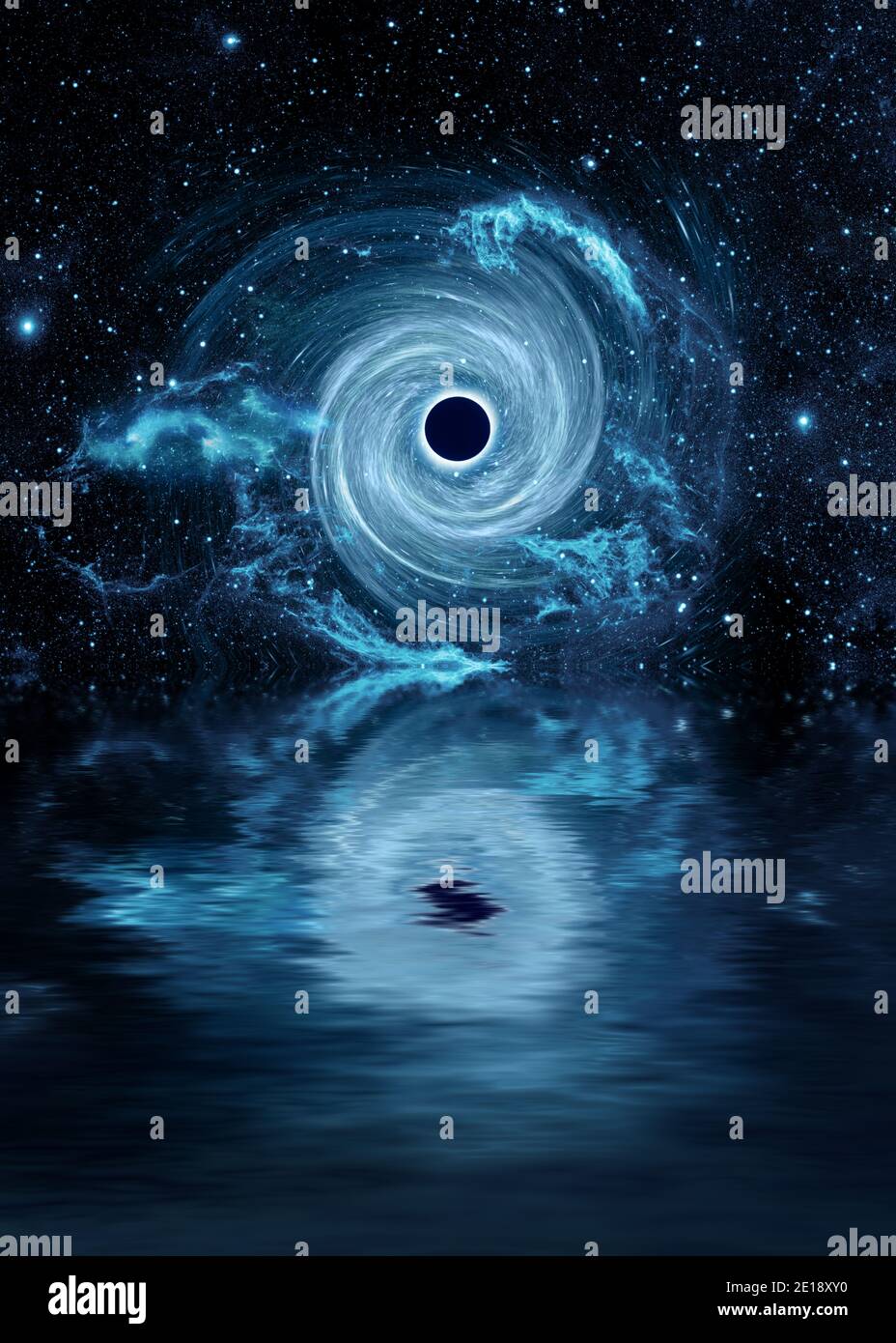 Black hole singularity and gravitational waves vortex concept with reflection Stock Photo
