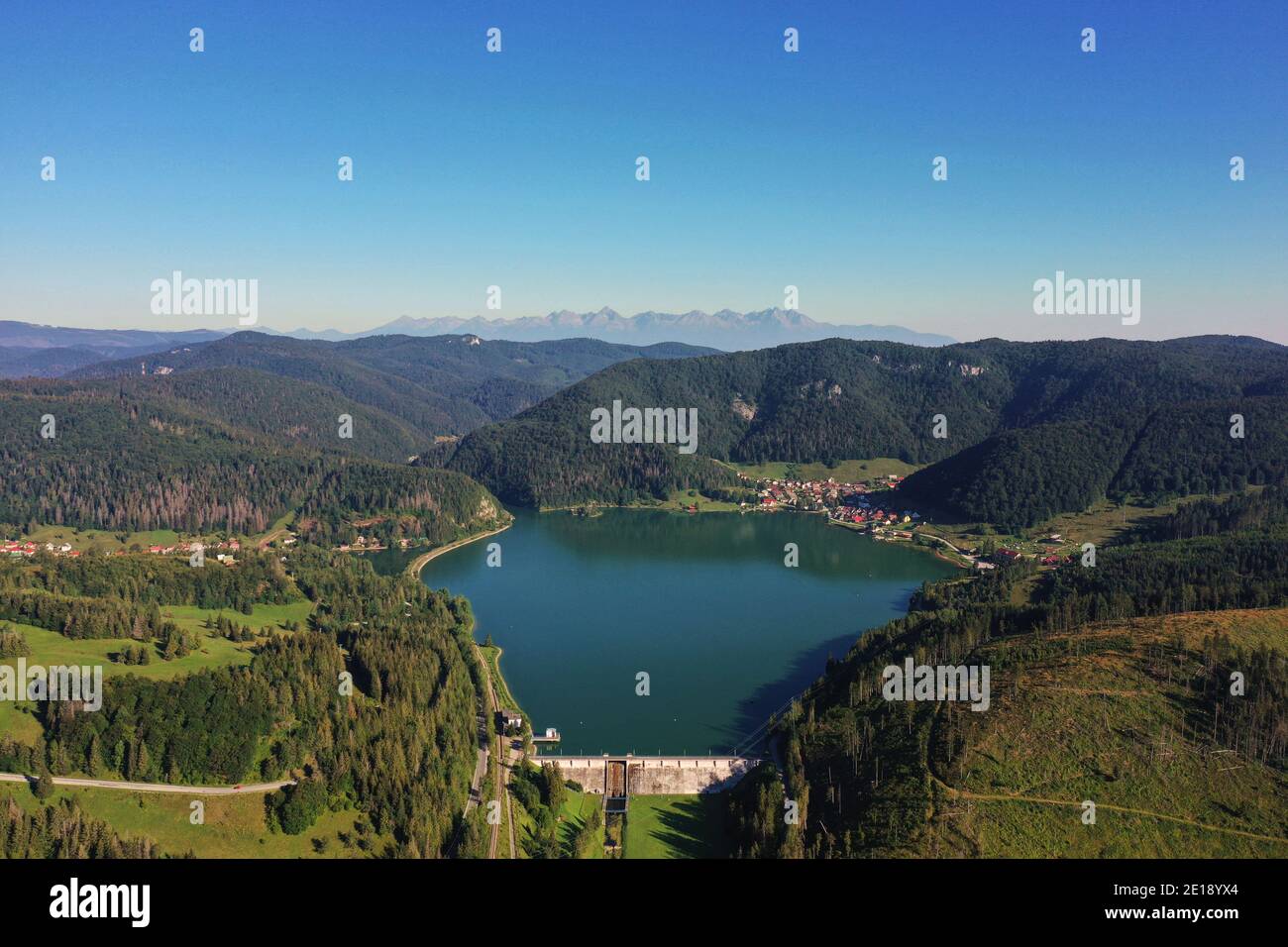 Aerial view of the Palcmanska Masa reservoir in the village of Dedinky in Slovakia Stock Photo