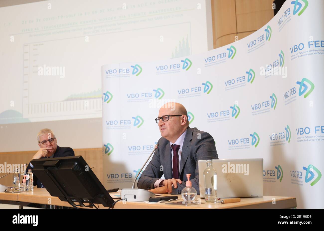 FEB-VBO CEO Pieter Timmermans and FEB-VBO chief economist Edward Roosens pictured at a press conference of the VBO-FEB (Federation of Enterprises in B Stock Photo