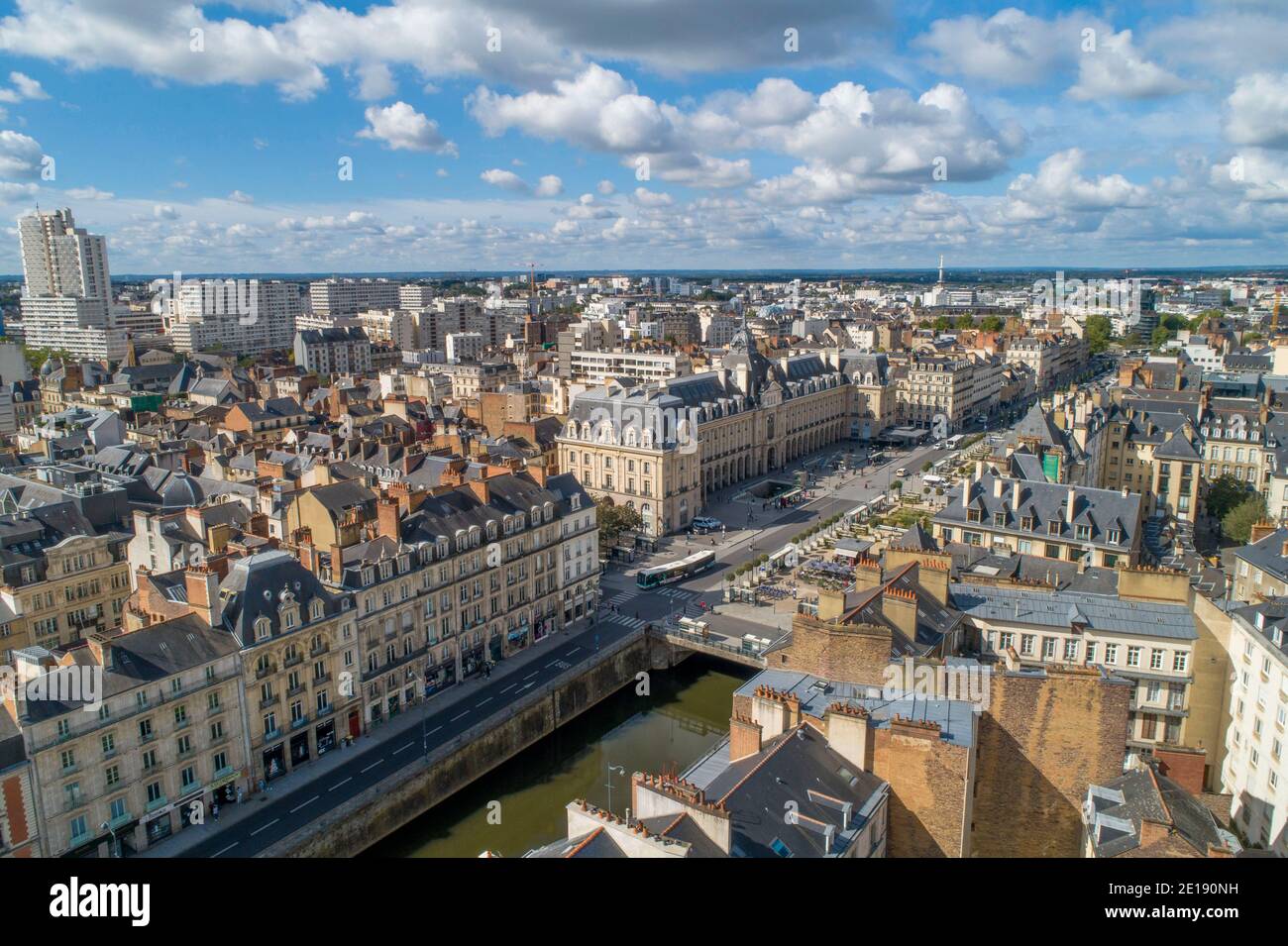 Rennes (Brittany, north-western France): aerial view of the city centre, the Vilaine River, quay “Quai Emile Zola” and “place de la Republique” square Stock Photo