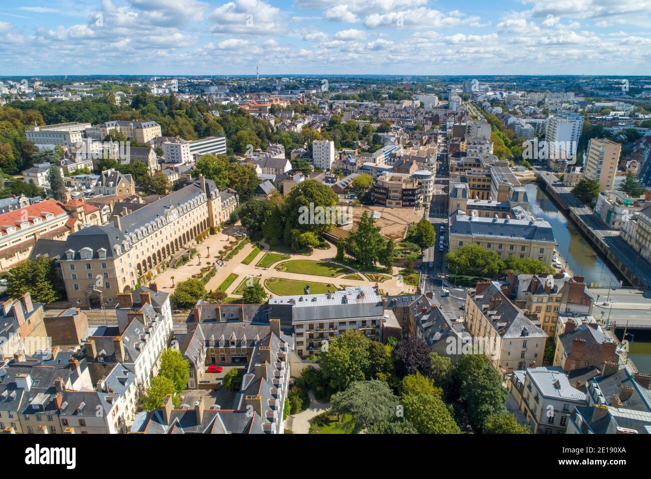Rennes (Brittany, north-western France): aerial view of the city centre and the Palais Saint-Georges (Palace of St George) On the right, the Vilaine R Stock Photo