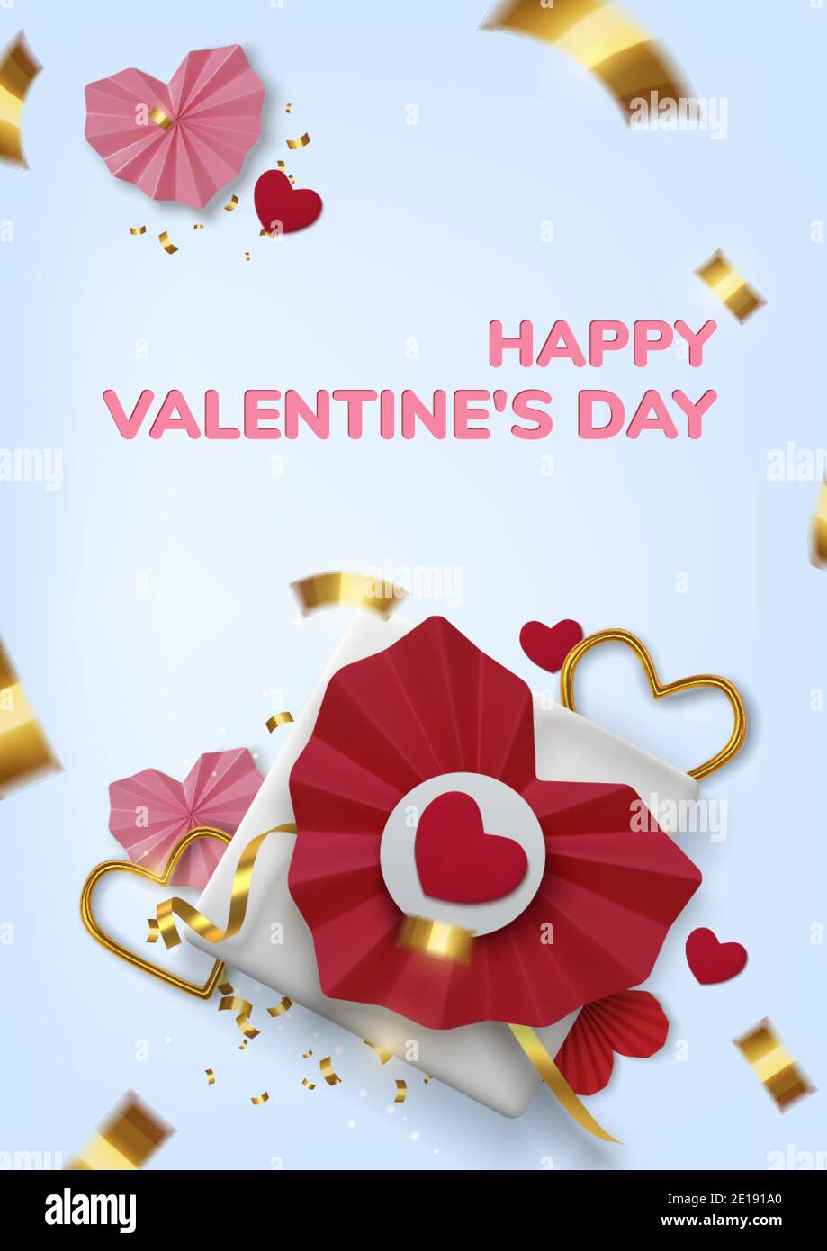 Valentines Day greeting card. Realistic 3d red paper hearts and gift on ...