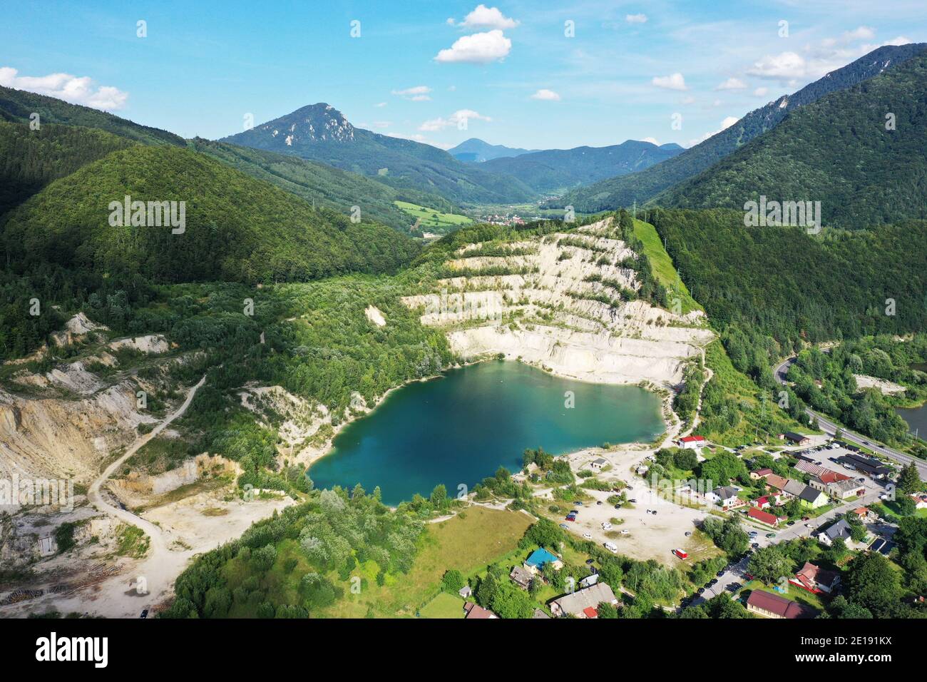 Aerial view of a lake in the village of Sutovo in Slovakia Stock Photo