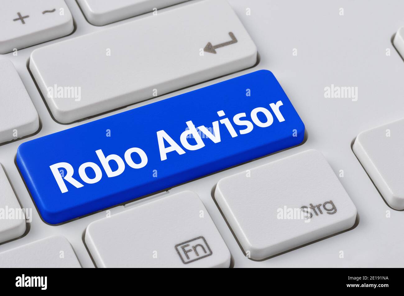 A keyboard with a blue button - Robo Advisor Stock Photo