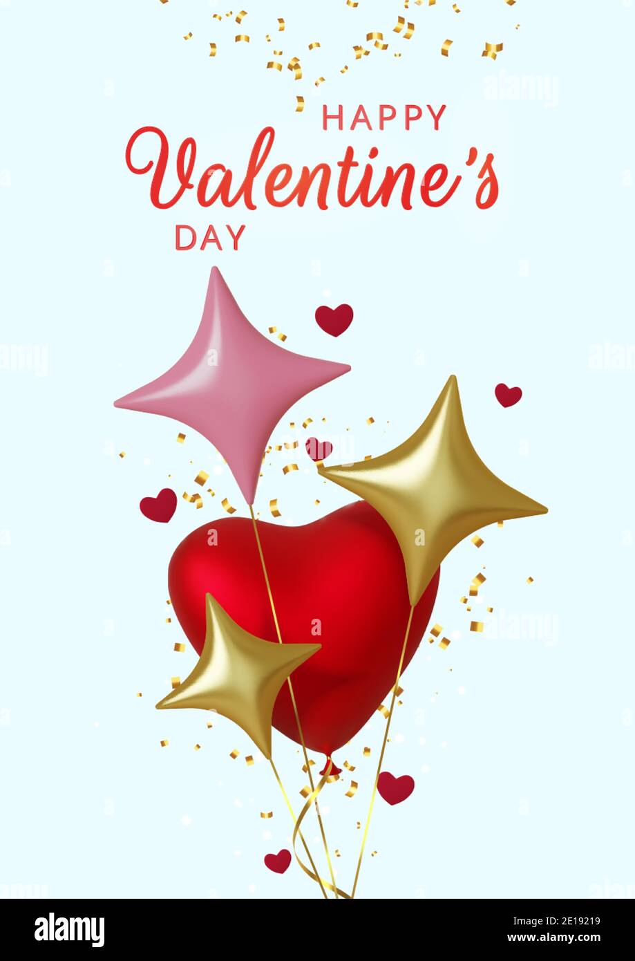 Valentines Day greeting card. Realistic 3d pink balloons hearts and ...