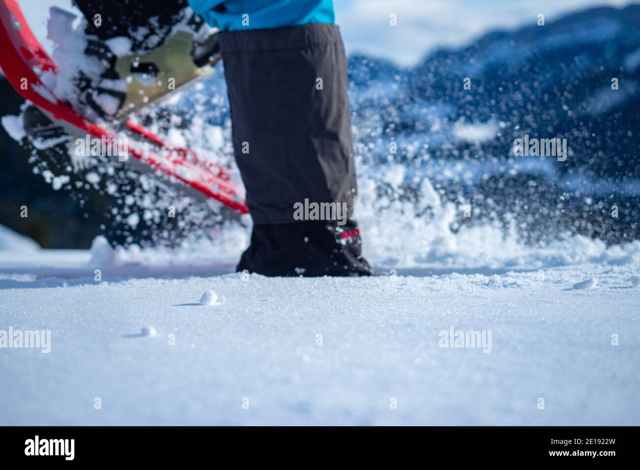 Detail view of a moving snow shoe in deep snow Stock Photo