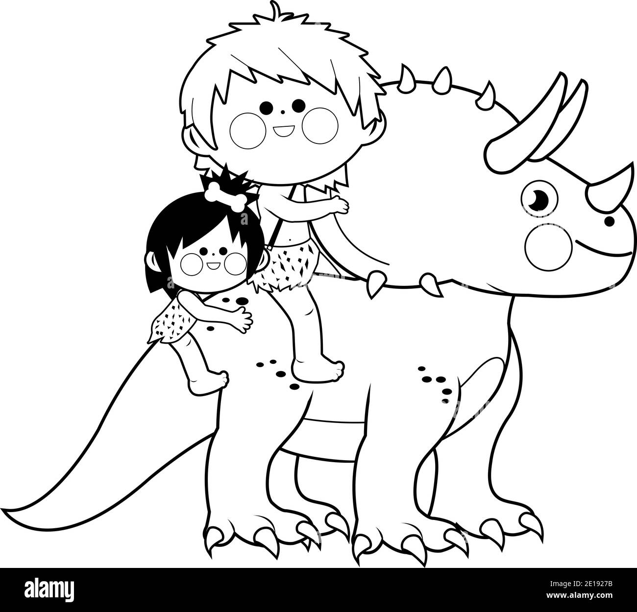 Children riding a triceratops prehistoric animal. Vector black and white coloring page Stock Vector