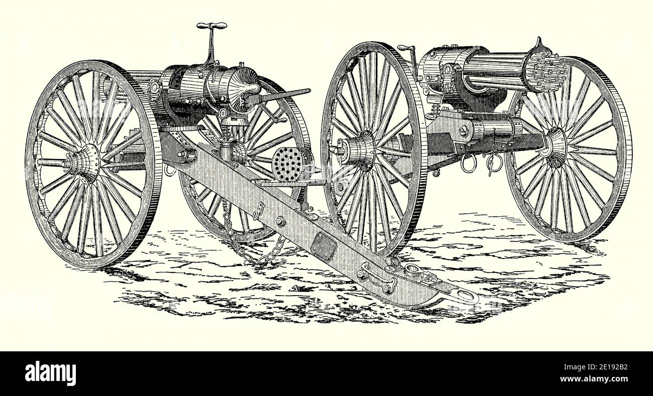 An old engraving of Taylor’s machine gun. It is from a Victorian mechanical engineering book of the 1880s. This rapid-firing artillery weapon rotated like a Gatling gun. Cartridges were contained within ‘charging blocks’, one of which is shown on a shelf (centre). Once loaded automatically from a magazine, the block was inserted in the gun. When all cartridge rounds had been fired, the empty shell cases remained in the block could be withdrawn with it. George Taylor owned the Durham Iron Mill and Furnace located in Durham Township, Bucks County, Pennsylvania, USA. Stock Photo