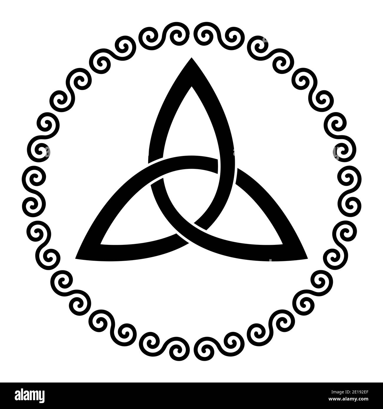 Triquetra, Celtic triangle knot in a circle frame shaped by double spirals. Basket wave knot, used in ancient Christian ornamentation. Stock Photo