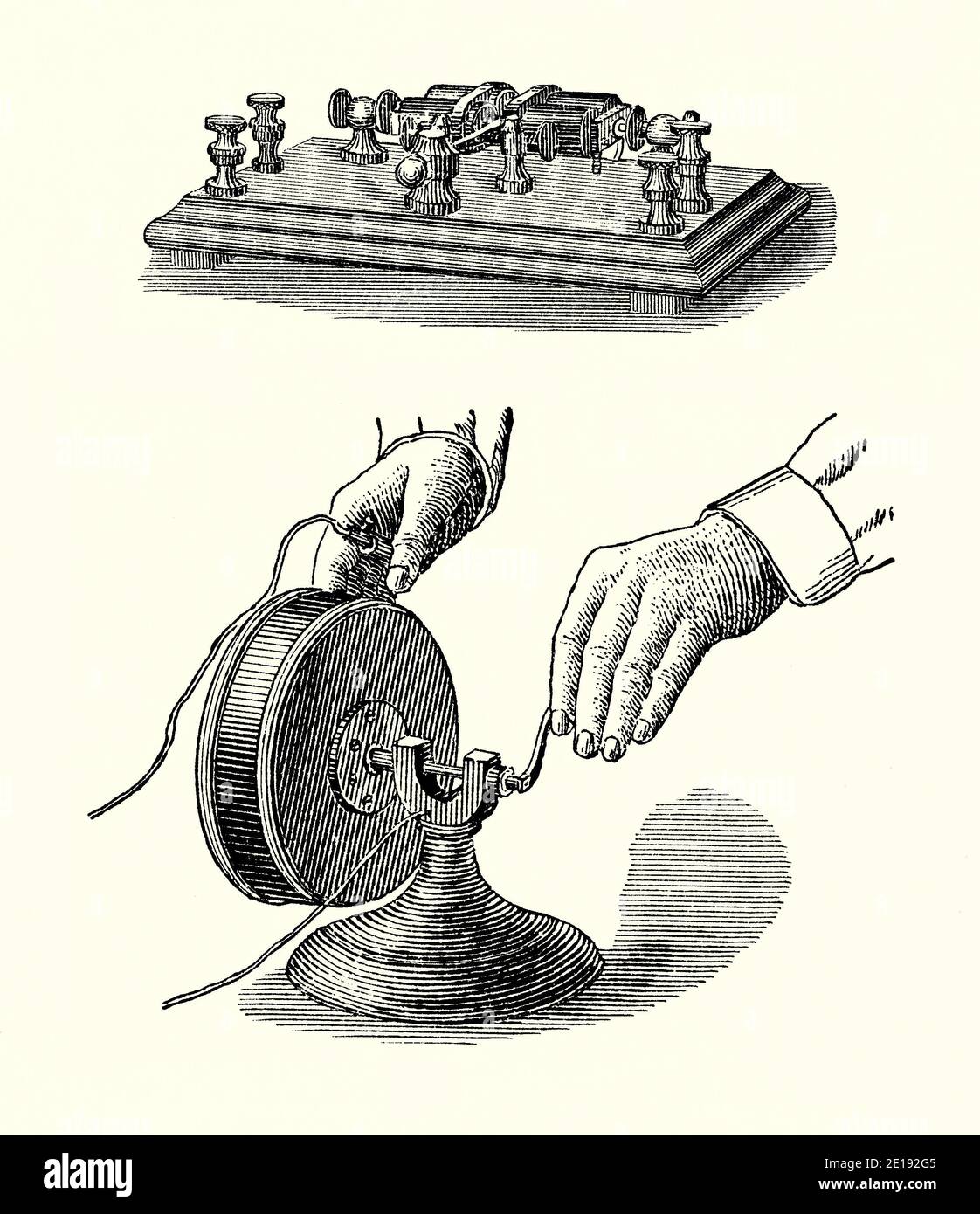 An old engraving of Gray’s telegraphic transmitter (top) and receiver (below). It is from a Victorian mechanical engineering book of the 1880s. Elisha Gray (1835 –1901) was an American electrical engineer who co-founded the Western Electric Manufacturing Company. Gray is best known for his development of a telephone prototype in 1876 in Highland Park, Illinois, USA. He also designed this composite tone device. The transmitter shows a single key connected to two electro-magnets. The receiver used a wooden soundbox covered in thin metal to reproduce sounds. Stock Photo