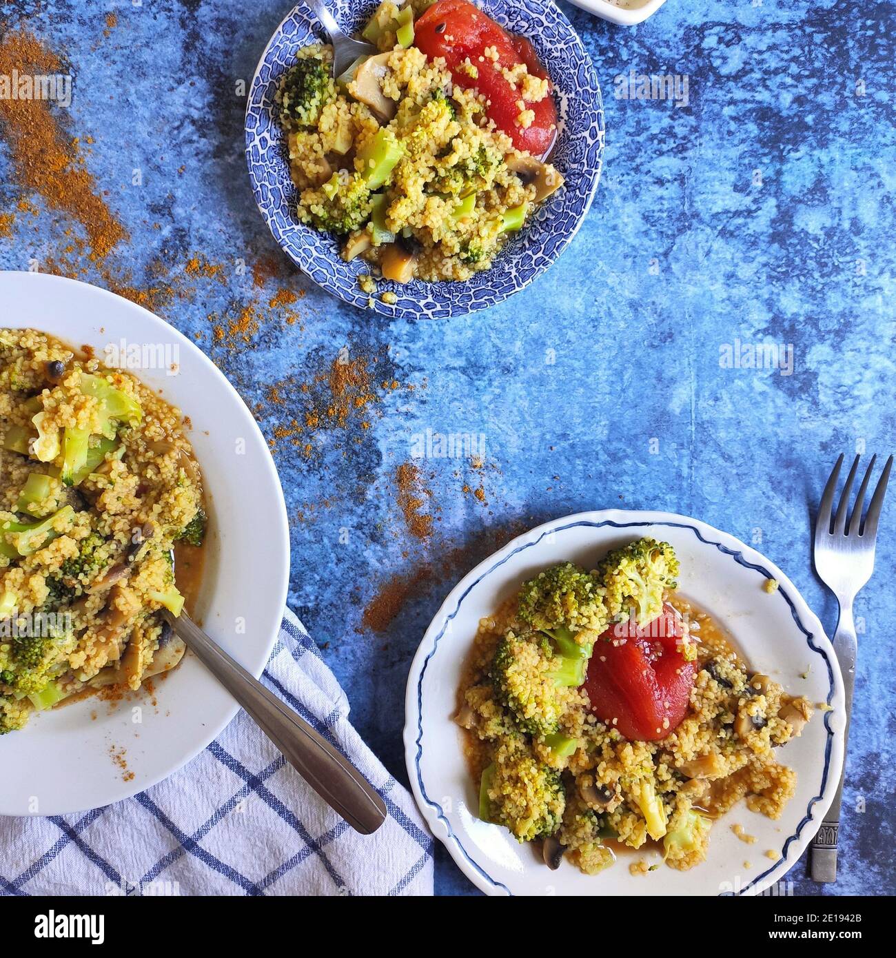 Broccoli and mushroom cous cous Stock Photo