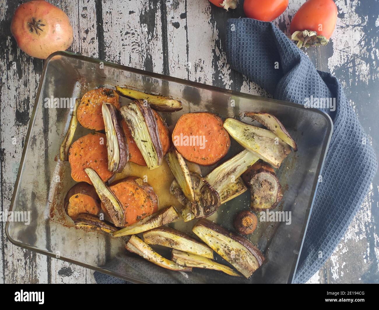 Baked vegetable in a wood table background Stock Photo