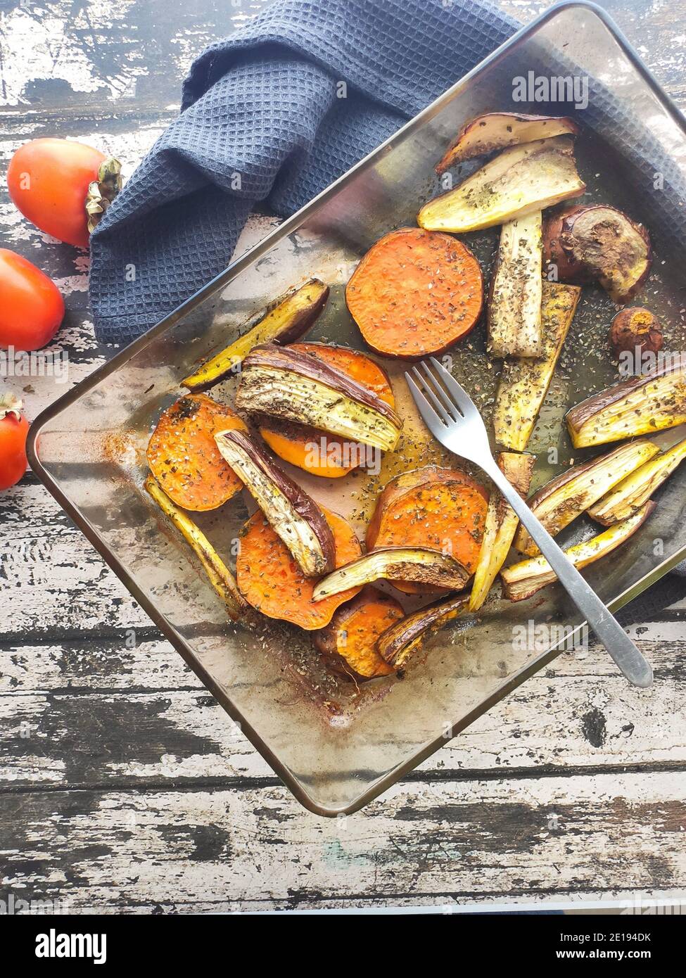 Baked vegetable in a wood table background Stock Photo