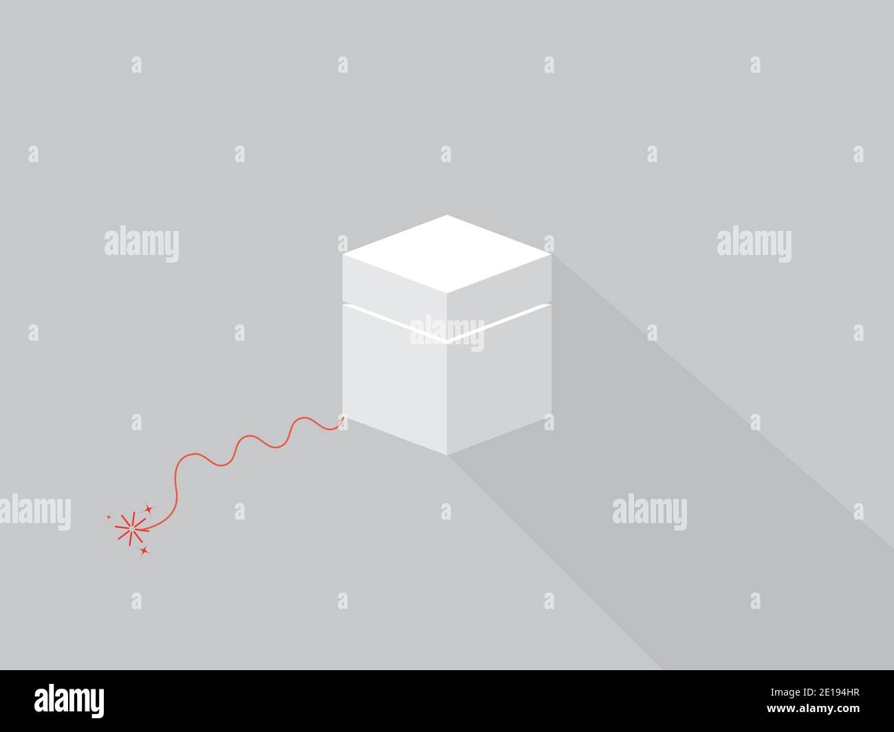 Square white box about to explode. The wick goes towards the white box with a fired wick. Stock Vector