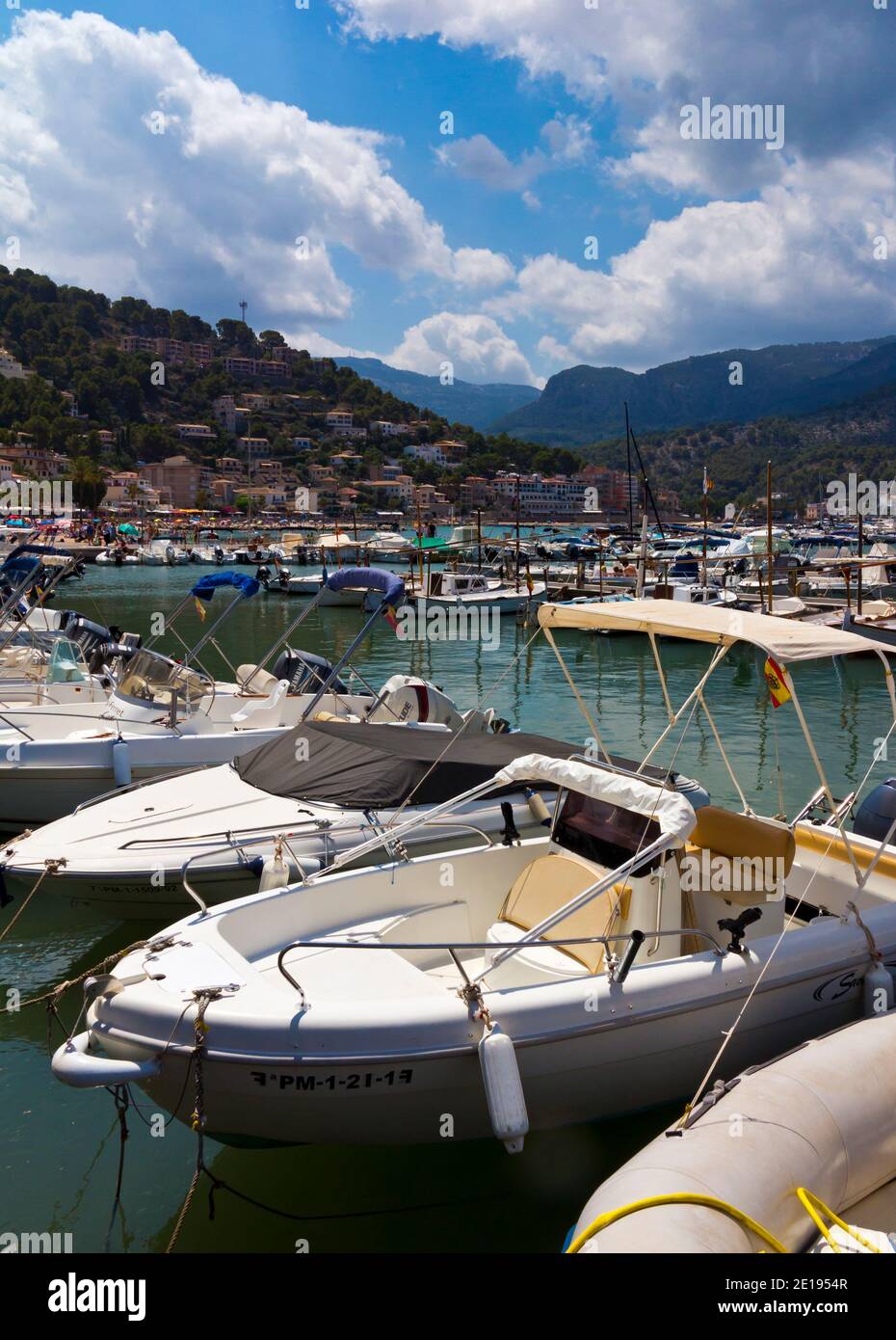 Boats in the harbour at Port de Soller on the northern coast of Mallorca in the Balearic Islands of Spain. Stock Photo