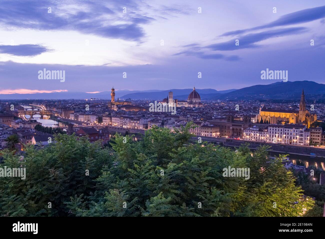 Italy, Tuscany: Florence (Firenze in Italian). La city at nightfall. Overview of the ÒPalazzo VecchioÓ palace, the Cathedral of Santa Maria del Fiore, Stock Photo