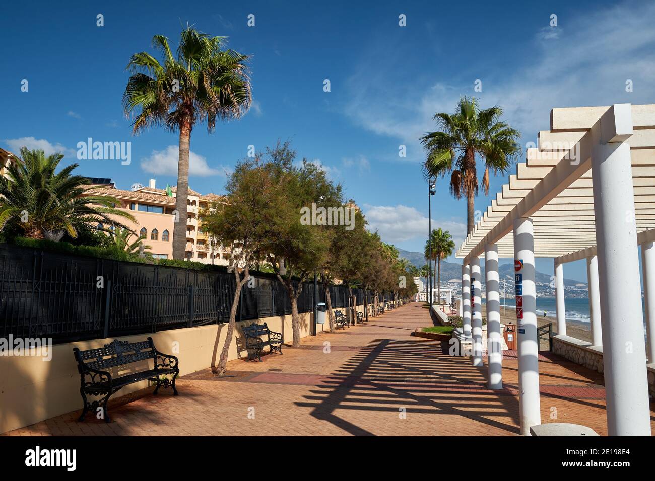 Paseo Maritimo, seaside promenade of Fuengirola, Malaga, Andalusia, Spain. Stock Photo