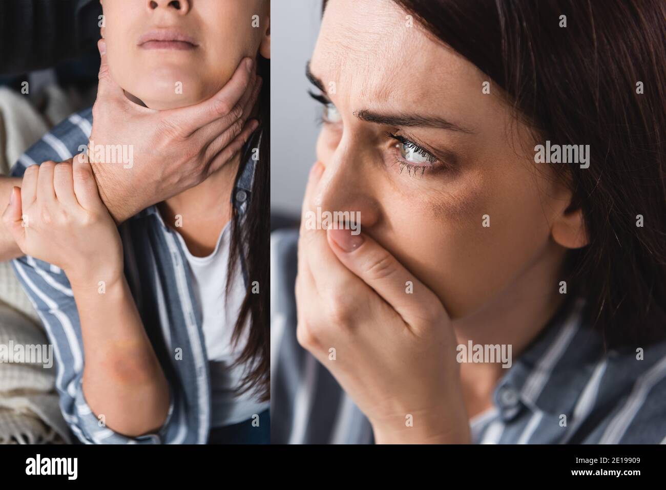 Collage of scared woman with bruises covering mouth and abusive husband choking at home Stock Photo