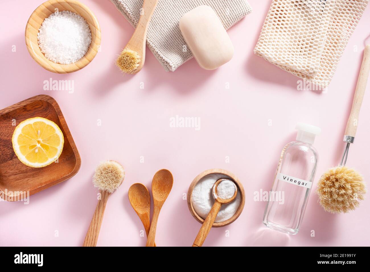 zero waste eco friendly cleaning concept. wooden brushes, lemon, baking