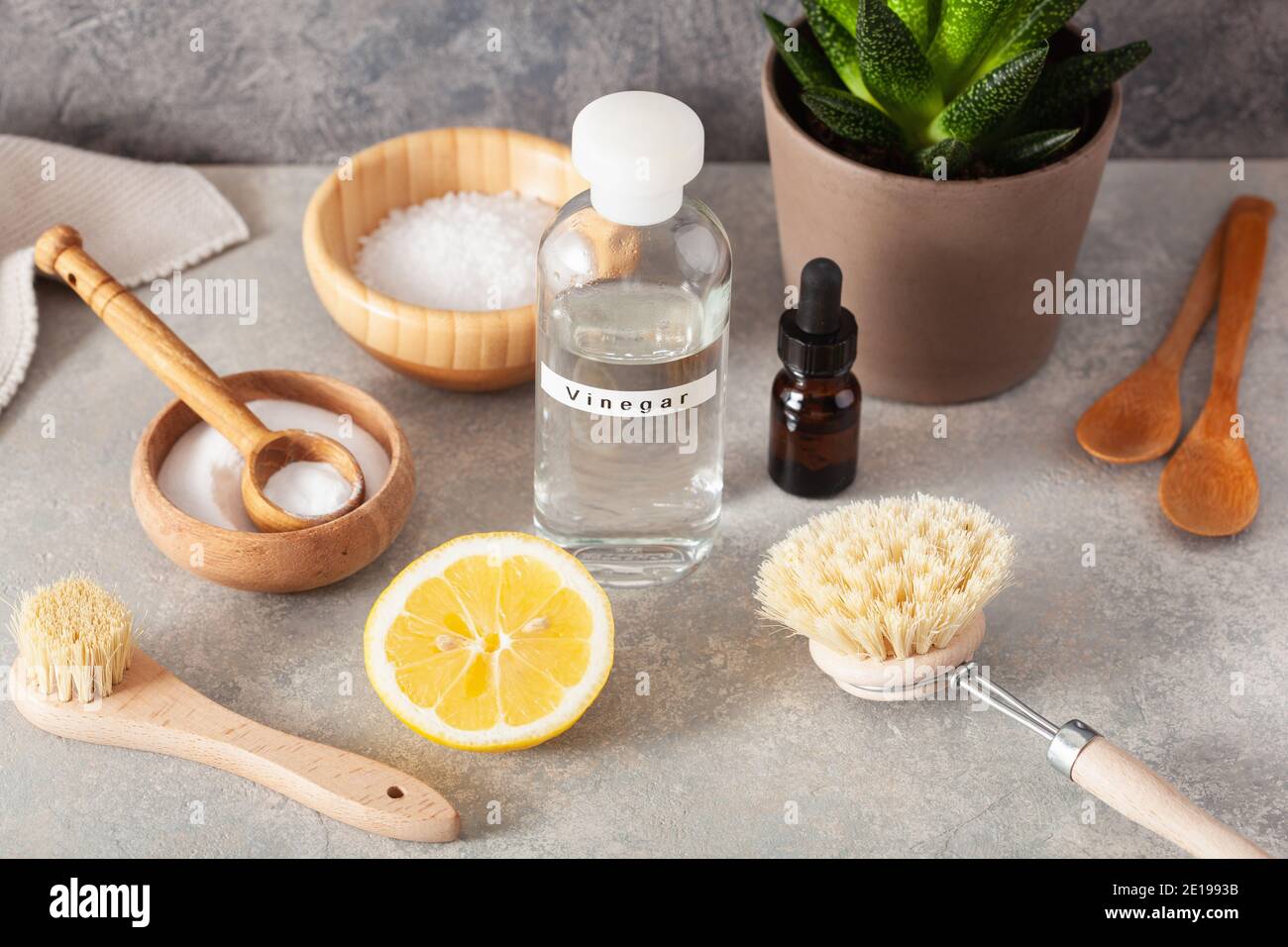 zero waste eco friendly cleaning concept. wooden brushes, lemon, baking