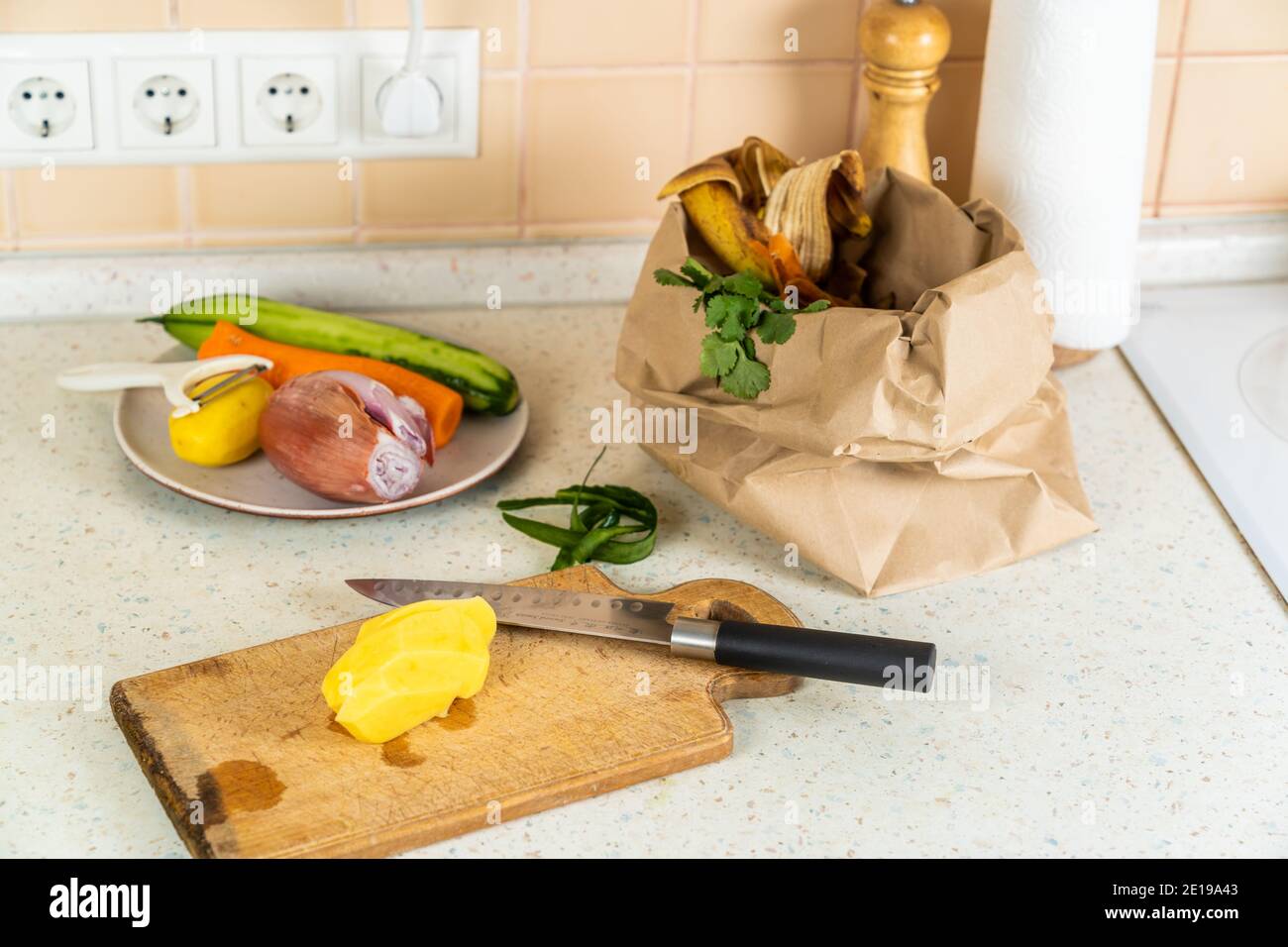 Composting concept kitchen leftovers in paper bag Stock Photo Alamy