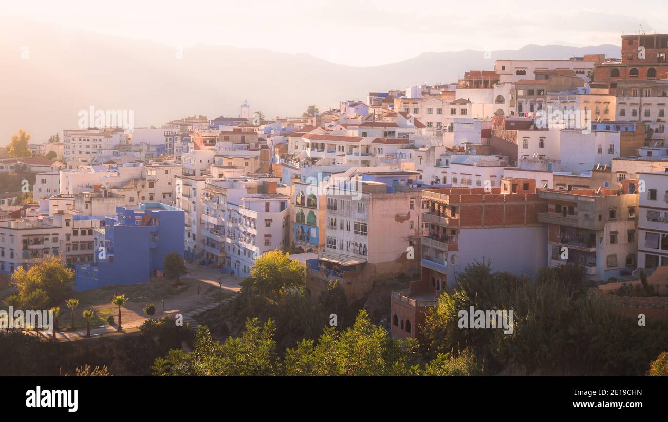 Chefchaouen, situated in northwest Morocco is known as the Blue Pearl with its noted shades of blue on town's historic buildings. Stock Photo