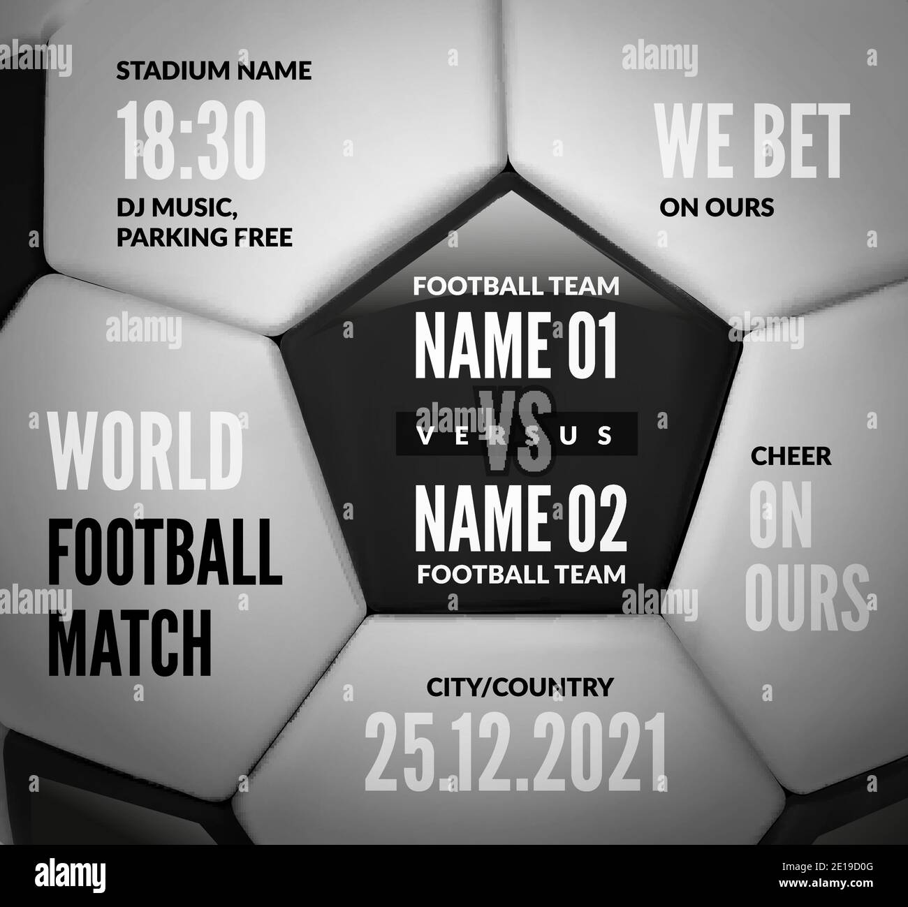 Soccer ball close up with text for football match design. Vector illustration Stock Vector