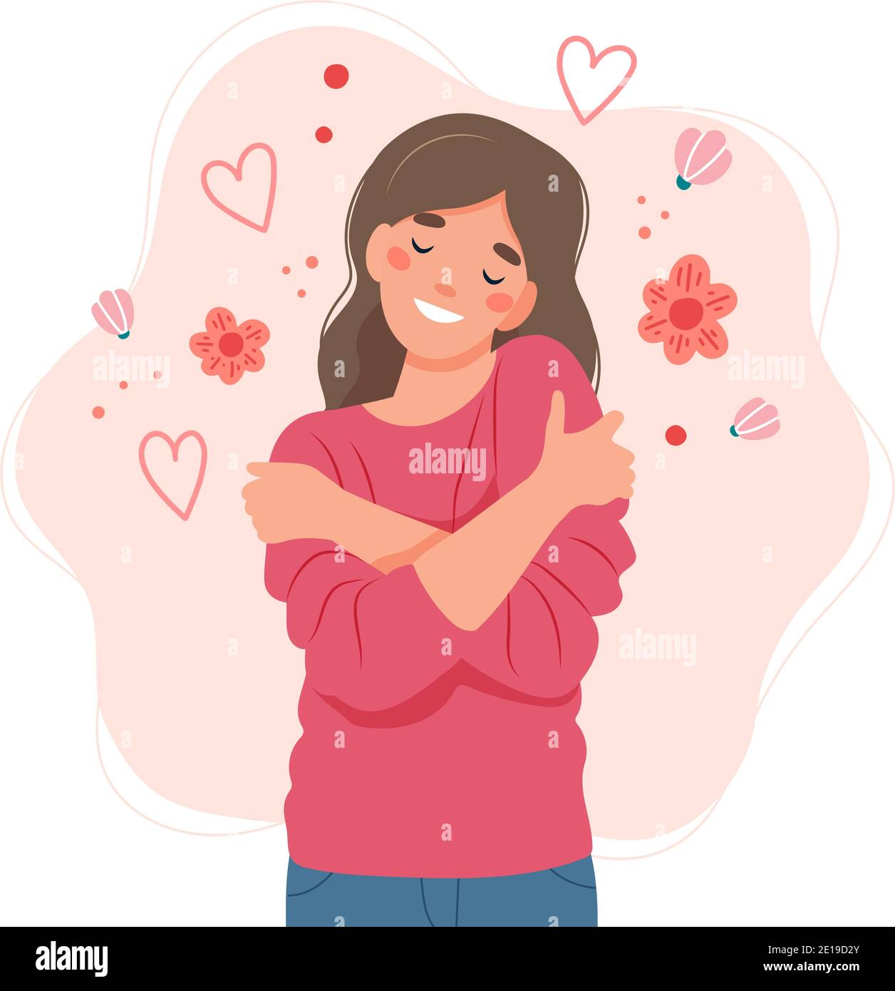 Love yourself concept, woman hugging herself, vector illustration in ...