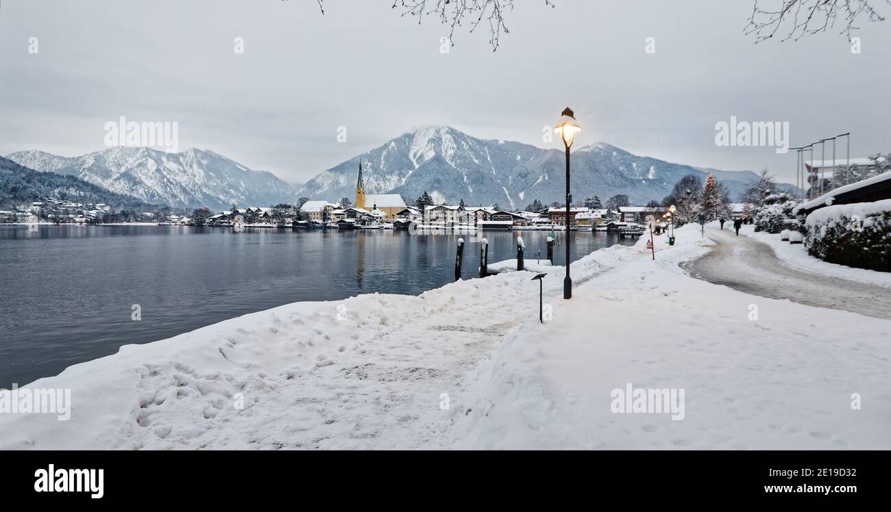 snow-covered landscape in the bavarian alps at lake tegernsee Stock Photo