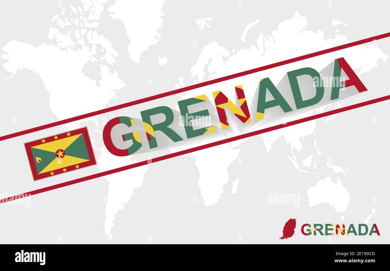 Grenada map flag and text illustration, on world map Stock Vector