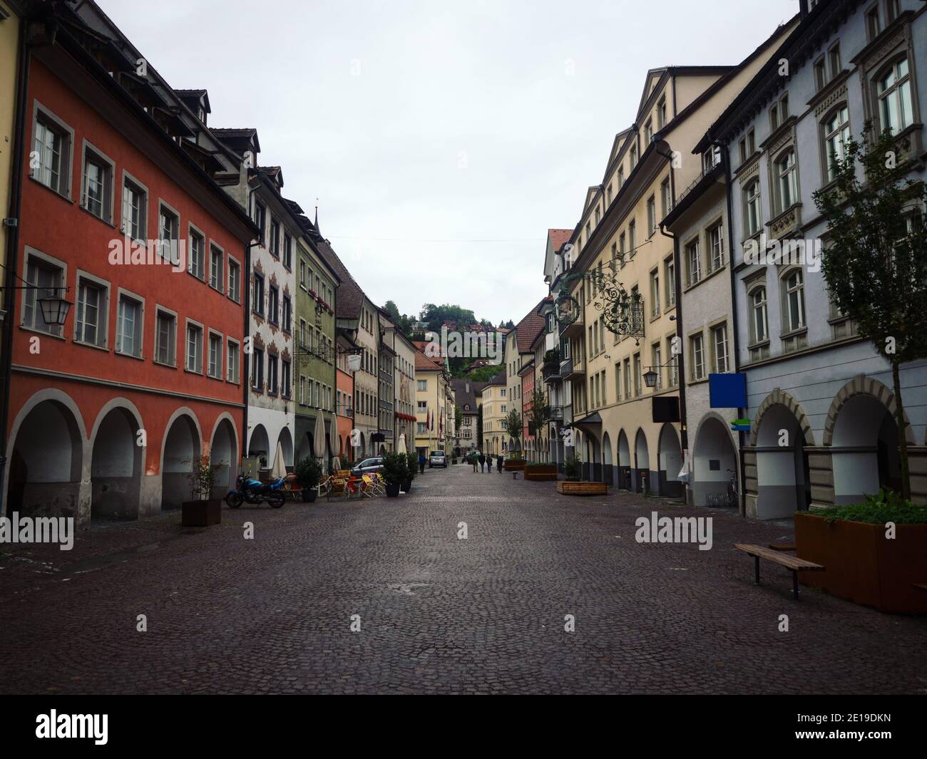Panoramic view of historic traditional buildings in empty cobblestone streets of Feldkirch Vorarlberg Austria alps mountains Europe Stock Photo