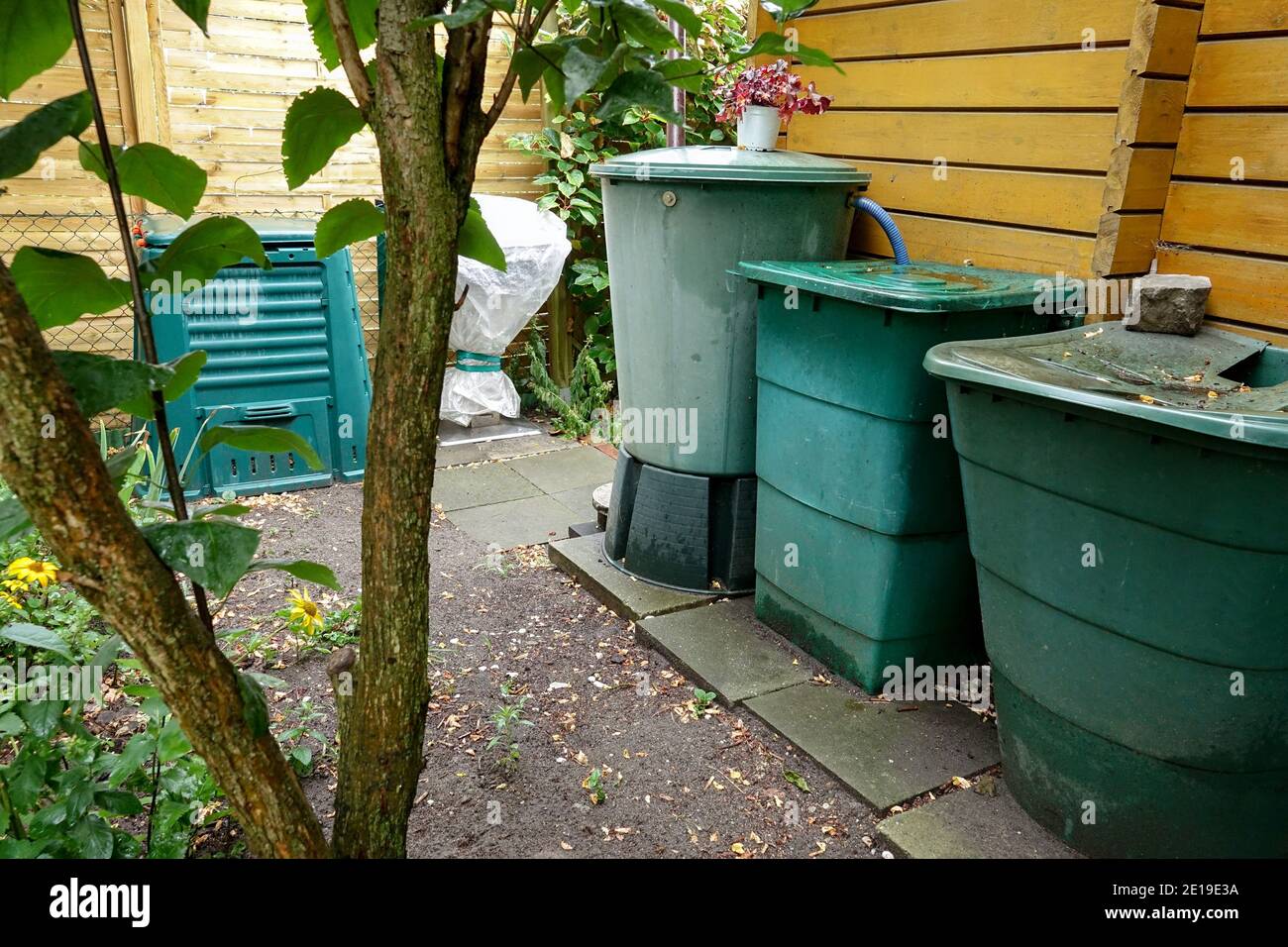 Water rain collecting and storage system. Containers for collecting