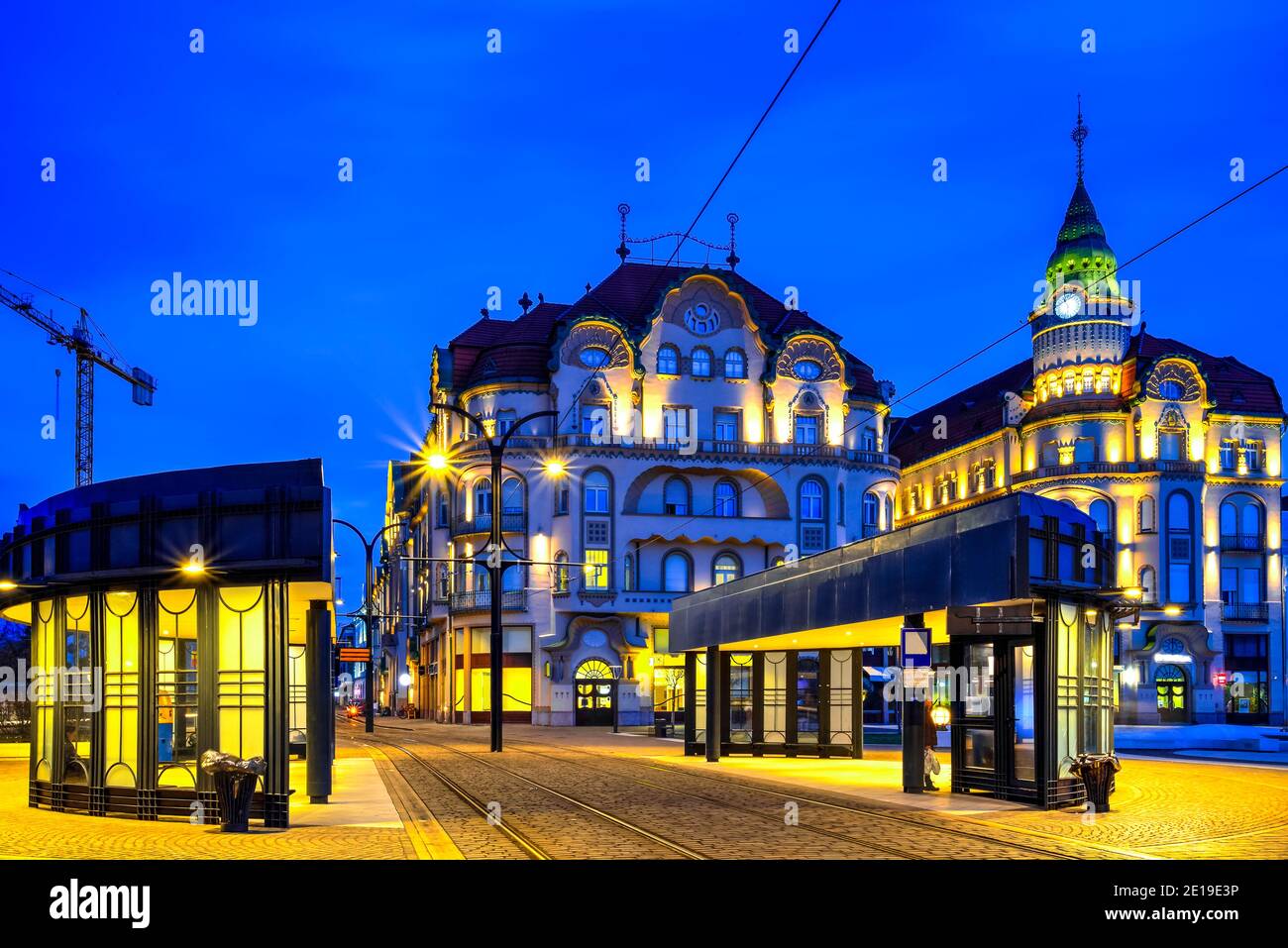 Downtown Oradea city against the evening blue hour, Bihor state, Romania. Photo taken on 2nd February 2019. Stock Photo