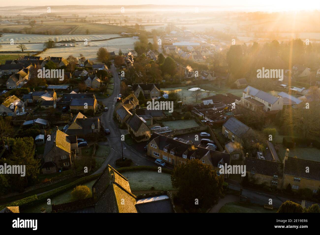 Aerial drone photo of a Cotswold Village, a rural scene in English