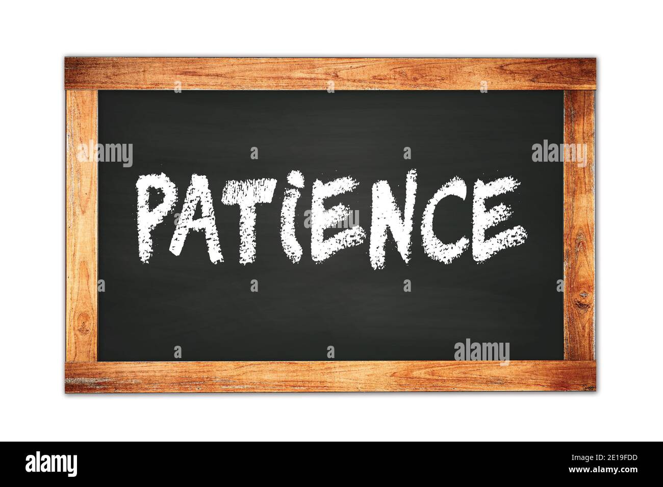 PATIENCE text written on black wooden frame school blackboard. Stock Photo